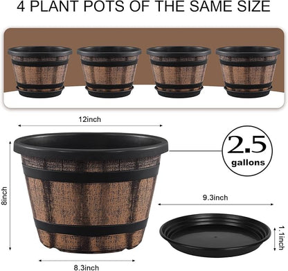 Quarut Plant Pots Set of 4 Pack 12 inch,Large Whiskey Barrel Planters with Drainage Holes & Saucer.Plastic Flower Pots Imitation Wine Barrel Design, for Indoor & Outdoor Garden Home Plants (Brown)