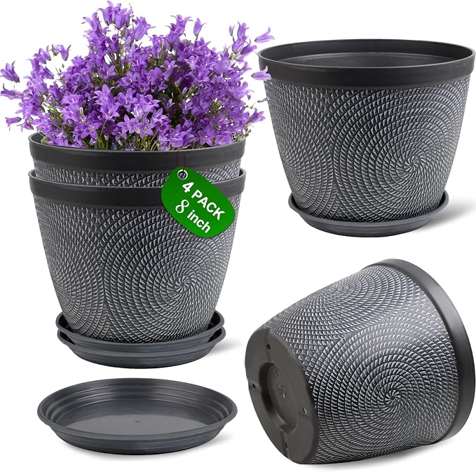 Quarut 4 Pack 8 Inch Flower Pots,Plastic Plant Pots with Drainage Hole&Tray