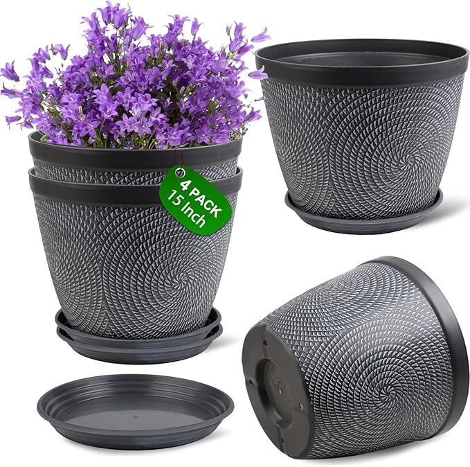 Quarut Large Planter Pot, Plastic Flower Pots with Drainage Hole & Saucer