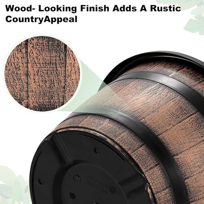 Quarut Large Plastic 4 Pack14 inch Plant Pots,Whiskey Barrel Planters with Drainage Holes & Saucer.Flower Pots Imitation Wine Barrel Design for Indoor & Outdoor Garden Balcony Plants.5 Gallons(Brown)