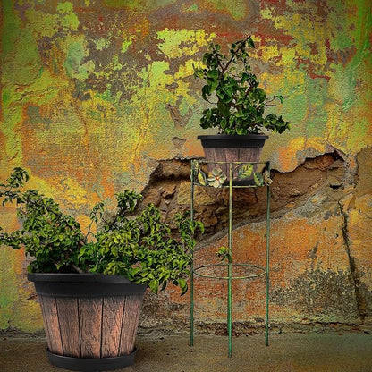 Quarut Large Plastic Plant Pots Set of 4 Pack13 inch,Whiskey Barrel Planters with Drainage Holes & Saucer.Flower Pots Imitation Wine Barrel Design for Indoor & Outdoor Garden Balcony Plants (Brown)